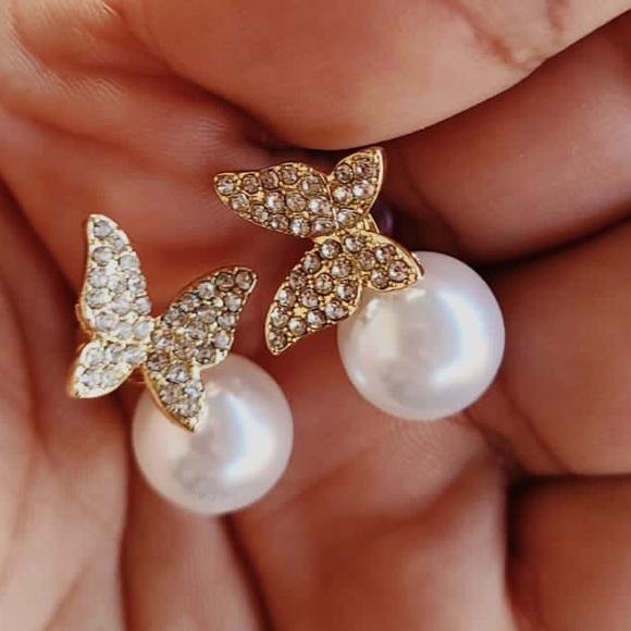 Imitation Pearl Earrings for Women Rhinestone Butterfly Hollow Heart Tassel Earr - Picture 5 of 6